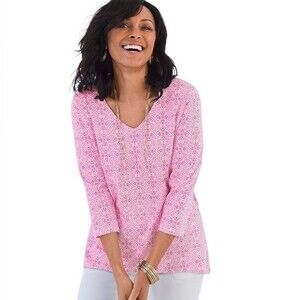 Chico's Medallion Tiles Tee Top 3/4 Sleeve V-neckline High Low Cotton Modal Soft